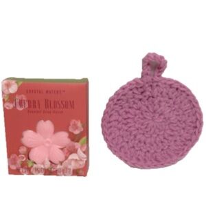 CHERRY BLOSSOM Soap with Crochet Scrubbie Washcloth Gift Set 5 inch Round